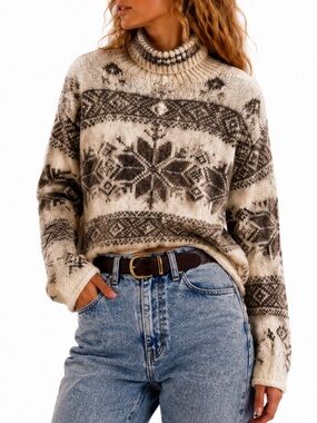 Vintage 90’s Woman’s Turtleneck Fair Isle Sweater Silk Mohair Wool Blend